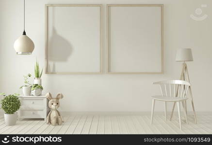 mock up poster frame and white chair on white living room.3D rendering