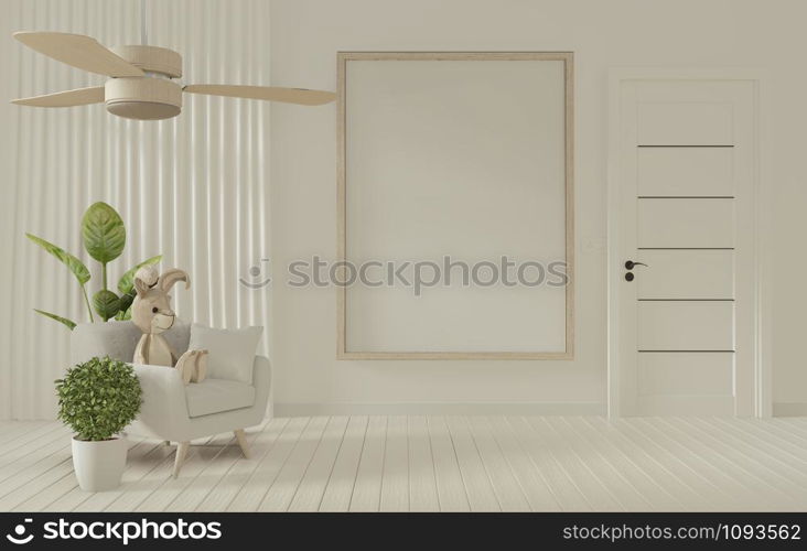 Mock up poster frame and white sofa on white living room interior.3D rendering