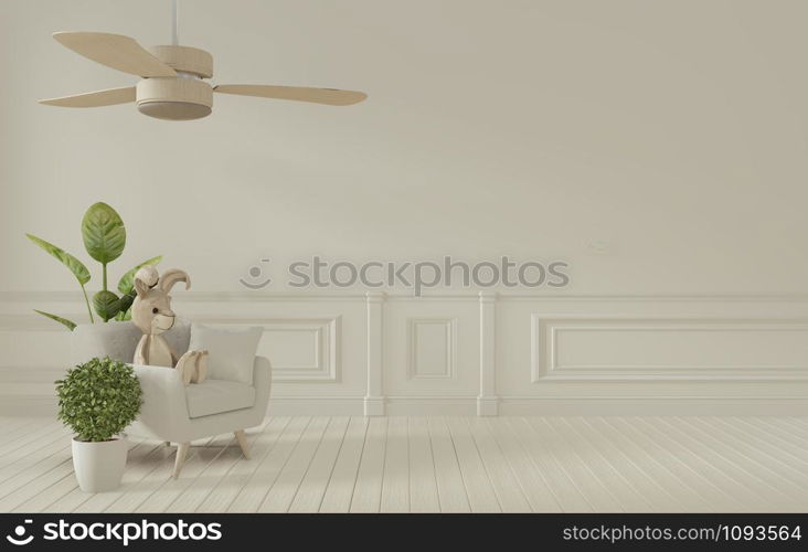 Mock up poster frame and white sofa on white living room interior.3D rendering