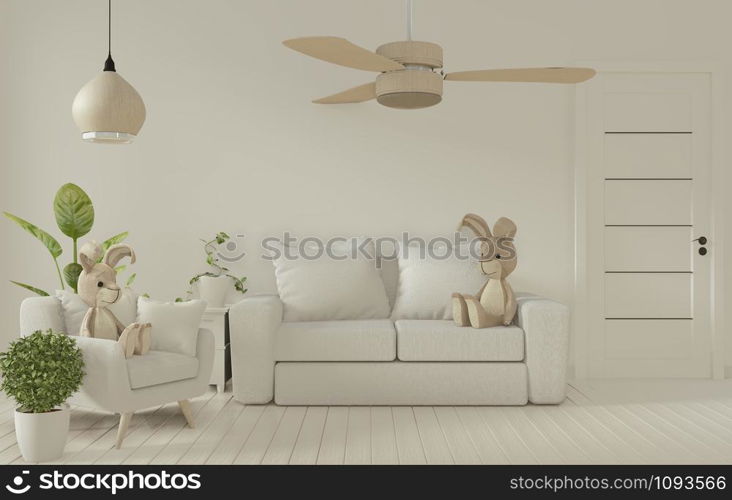 Mock up poster frame and white sofa on white living room interior.3D rendering