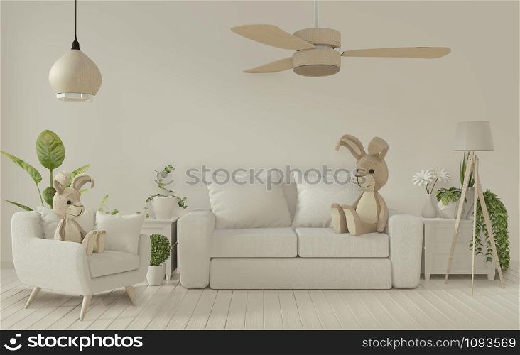 Mock up poster frame and white sofa on white living room interior.3D rendering