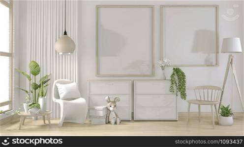 mock up poster frame and white white living room minimal design.3D rendering