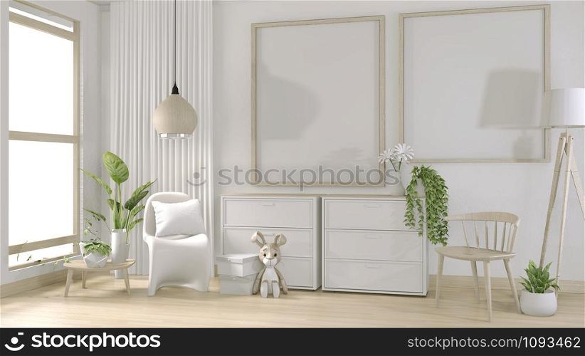 mock up poster frame and white white living room minimal design.3D rendering