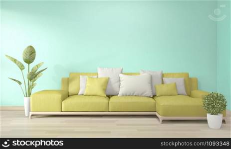 Mock up poster frame in living room with yellow sofa and decoration plants on floor wooden.3D rendering