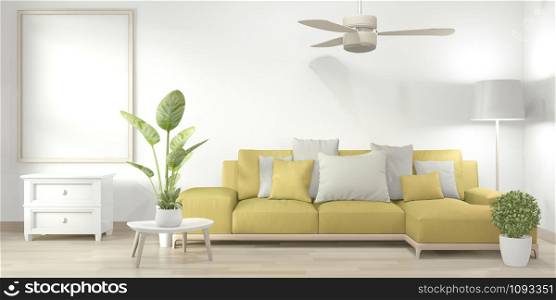 Mock up poster frame in living room with yellow sofa and decoration plants on floor wooden.3D rendering