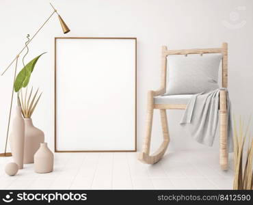 mock up poster frame in modern interior background, armchair and poster, chair and poster living room, floor l&3d rendering