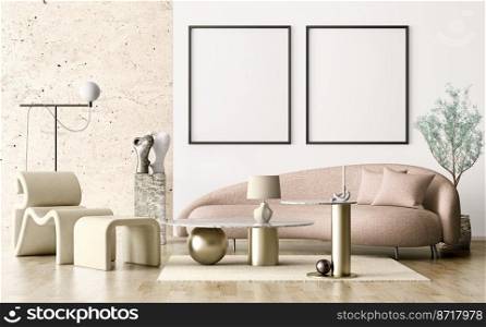 mock up poster frame in modern interior background, living room, Scandinavian style. Modern interior design with armchairs, sofa, coffee table, floor l&, stone wall, plant and  carpet, 3d rendering