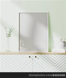 mock up poster frame in modern interior with light green wall, scandinavian style, 3d rendering