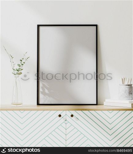 mock up poster frame in modern interior with white wall, scandinavian style, 3d rendering