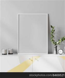 mock up poster frame in modern minimalistic scandinavian style interior with light gray wall, yellow and gray colour cupboard, 3d rendering