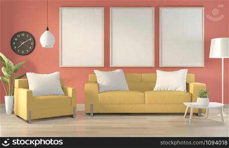Mock up poster frame in pink living room with yellow sofa and decoration plants on floor wooden.3D rendering