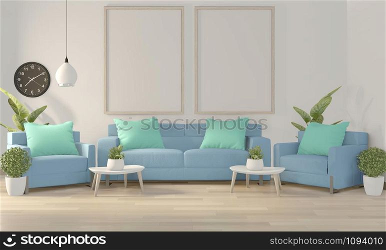 Mock up poster frame in white living room with blue sofa and decoration plants on floor wooden.3D rendering