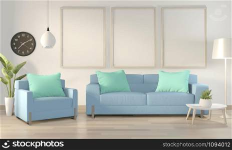 Mock up poster frame in white living room with blue sofa and decoration plants on floor wooden.3D rendering