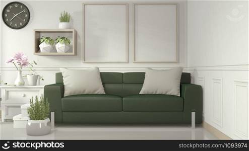 Mock up poster frame in white living room with green sofa and decoration plants on white glossy floor.3D rendering