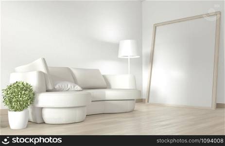 Mock up poster frame in white living room with white sofa and decoration plants on floor wooden.3D rendering