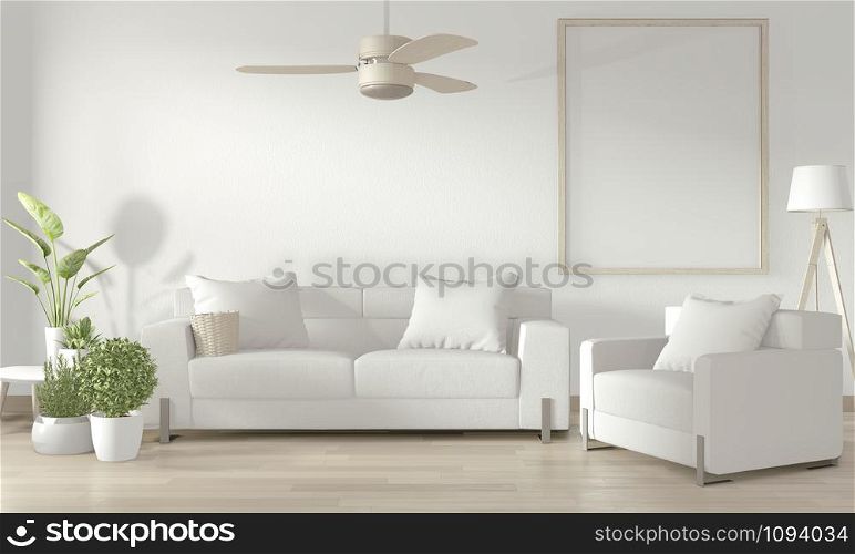 Mock up poster frame in white living room with white sofa and decoration plants on floor wooden.3D rendering