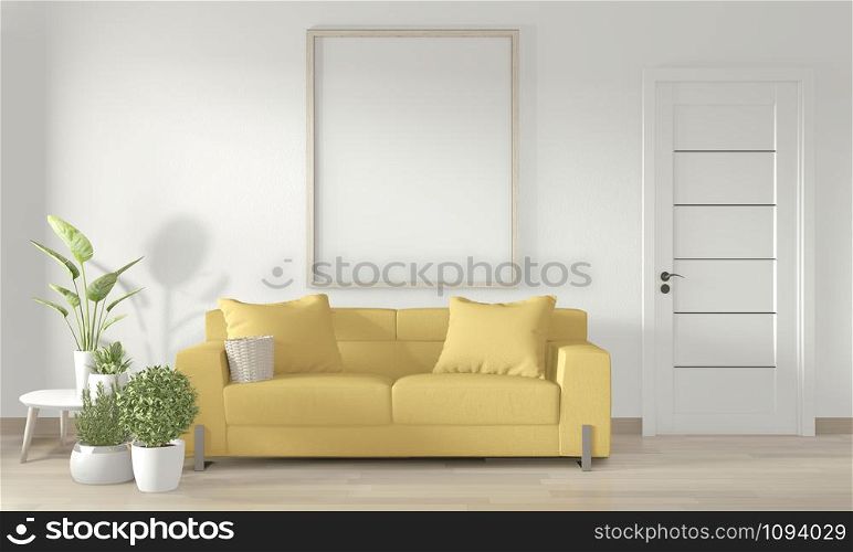 Mock up poster frame in white living room with yellow sofa and decoration plants on floor wooden.3D rendering