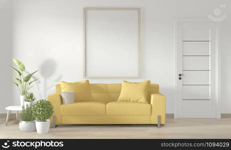 Mock up poster frame in white living room with yellow sofa and decoration plants on floor wooden.3D rendering