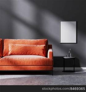 mock up poster frame on black wall with sun rays with red sofa with black coffee table, raw concrete floor, 3d rendering
