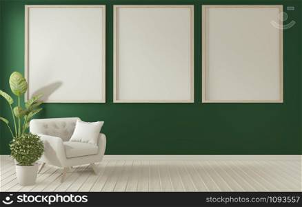 Mock up poster frame on dark green living room interior.3D rendering