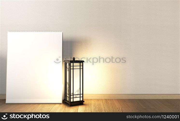 Mock up poster frame on Empty room japanese design and wooden floor, earth tone.3D rendering