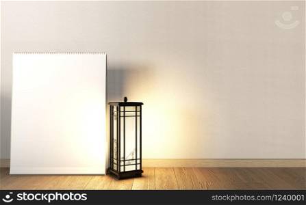 Mock up poster frame on Empty room japanese design and wooden floor, earth tone.3D rendering
