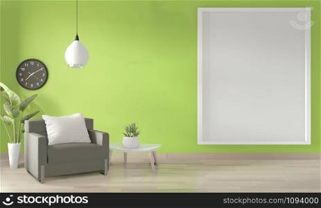 Mock up poster frame on wall, Sofa white and decoration plants on light green wall and wooden floor.3D rendering
