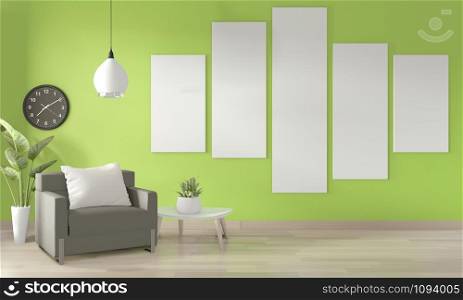 Mock up poster frame on wall, Sofa white and decoration plants on light green wall and wooden floor.3D rendering