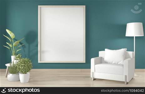 Mock up poster frame on wall, Sofa white and decoration plants on dark green wall and wooden floor.3D rendering