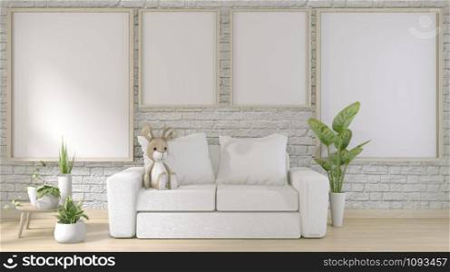 mock up poster frame on white brick wall room floor wooden with white sofa and decoration plants.3d rendering