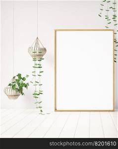Mock up poster frame on white wall and plant, background 3d rendering