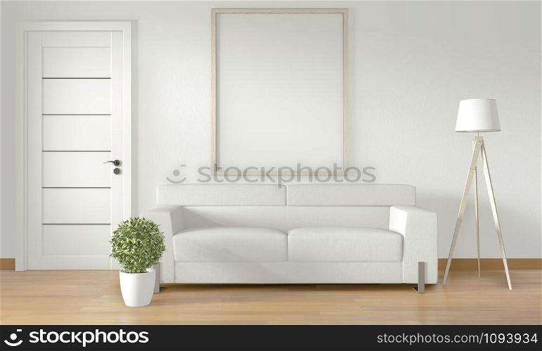 Mock up poster frame on white wall with white sofa on modern room interior.3D rendering