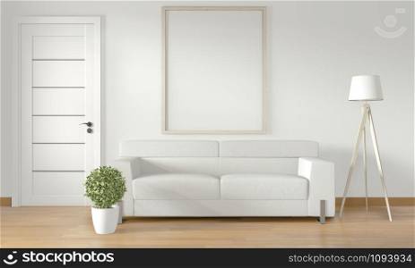 Mock up poster frame on white wall with white sofa on modern room interior.3D rendering