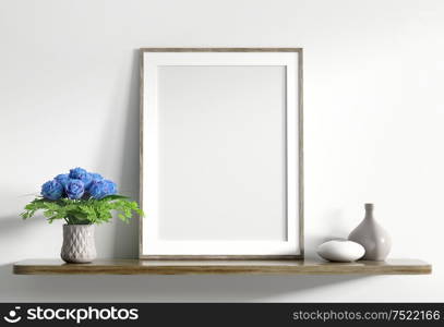 Mock up poster frame on wooden shelf with bouquet of blue roses and vases over white wall, interior decoration background 3d rendering