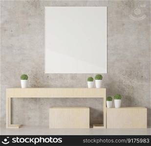 Mock up poster frame on wooden wall in Scandinavian style with shelves and decortation Design minimal style, 3D illustration rendering