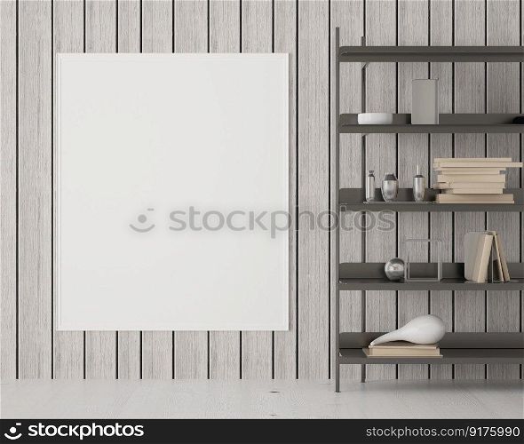 Mock up poster frame on wooden wall in Scandinavian style with shelves and decortation Design minimal style, 3D illustration rendering