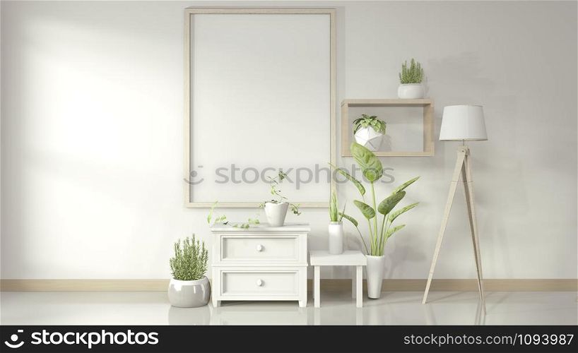 Mock up poster frame with white cabinet and decoration plants on glossy floor.3D rendering