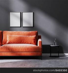 mock up poster frames on black wall with sun rays with red sofa with black coffee table, raw concrete floor, 3d rendering