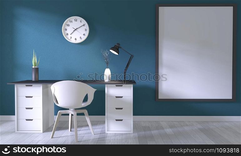 Mock up poster office with white comfortable design and decoration on dark blue room and white wooden floor.3D rendering