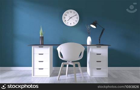 Mock up poster office with white comfortable design and decoration on dark blue room and white wooden floor.3D rendering