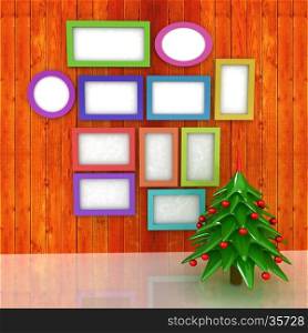Mock up poster on the wood wall with christmas tree and decorations. 3d illustration