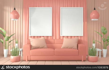 Mock up Room color living coral interior design and decortion.3D rendering