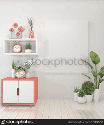 Mock up room interior concept poster frames and modern cabinet in modern zen empty room, minimal designs, 3d rendering