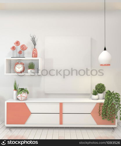 Mock up room interior concept poster frames and modern cabinet in modern zen empty room, minimal designs, 3d rendering