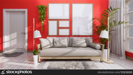 Mock up Sofa and frame in coral living room zen style, 3D rendering