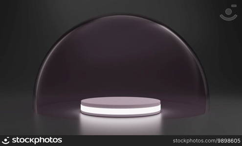 Mock-up transparent glass dome. dome cover for podium exhibition, protection barrier. 3d rendering.