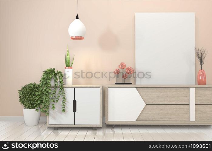 Mock up Tv shelf cabinet in modern empty room and pink wall Japanese style. 3d rendering