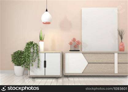 Mock up Tv shelf cabinet in modern empty room and pink wall Japanese style. 3d rendering