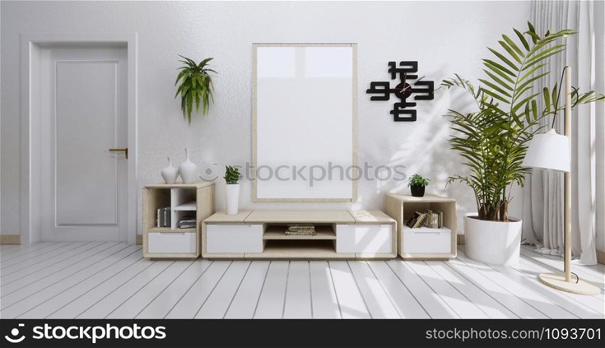 Mock up Tv shelf cabinet in modern empty room and white wall Japanese style. 3d rendering