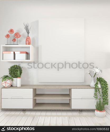 Mock up Tv shelf cabinet in modern empty room,mock up poster frame and white wall Japanese style. 3d rendering